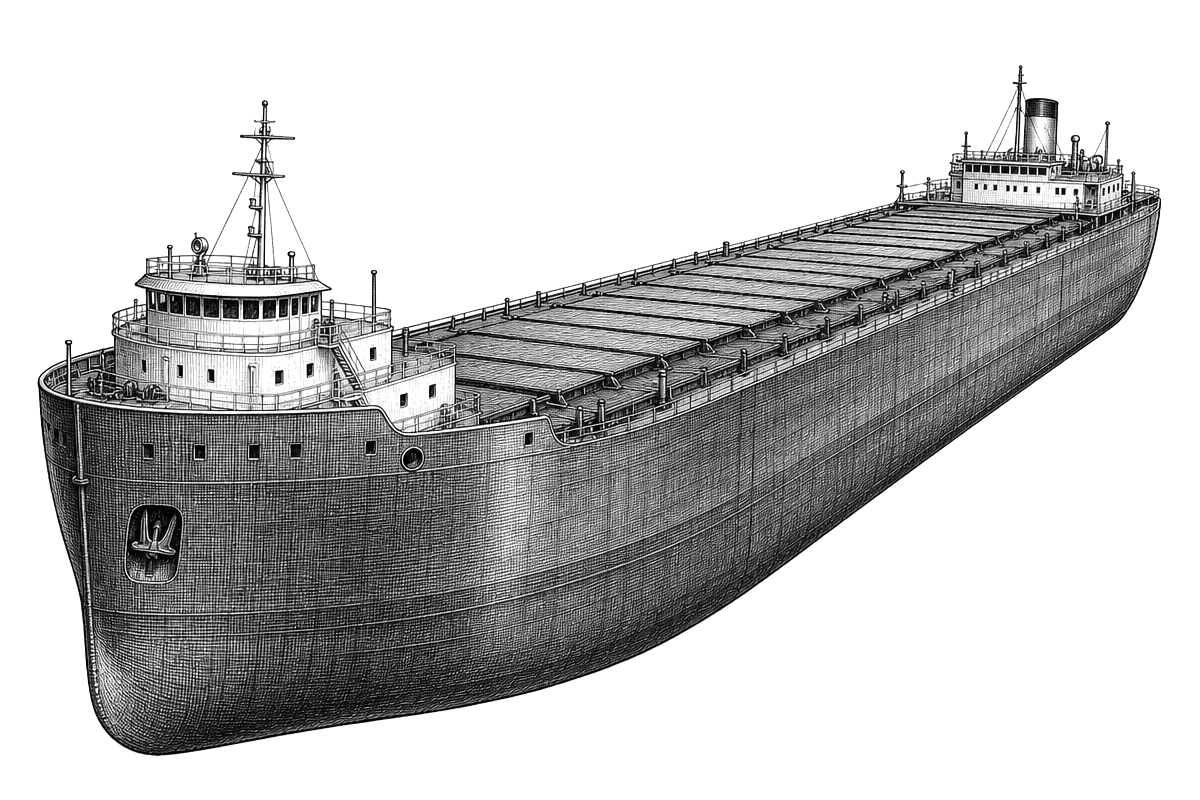 Engraved line drawing of the SS Edmund Fitzgerald