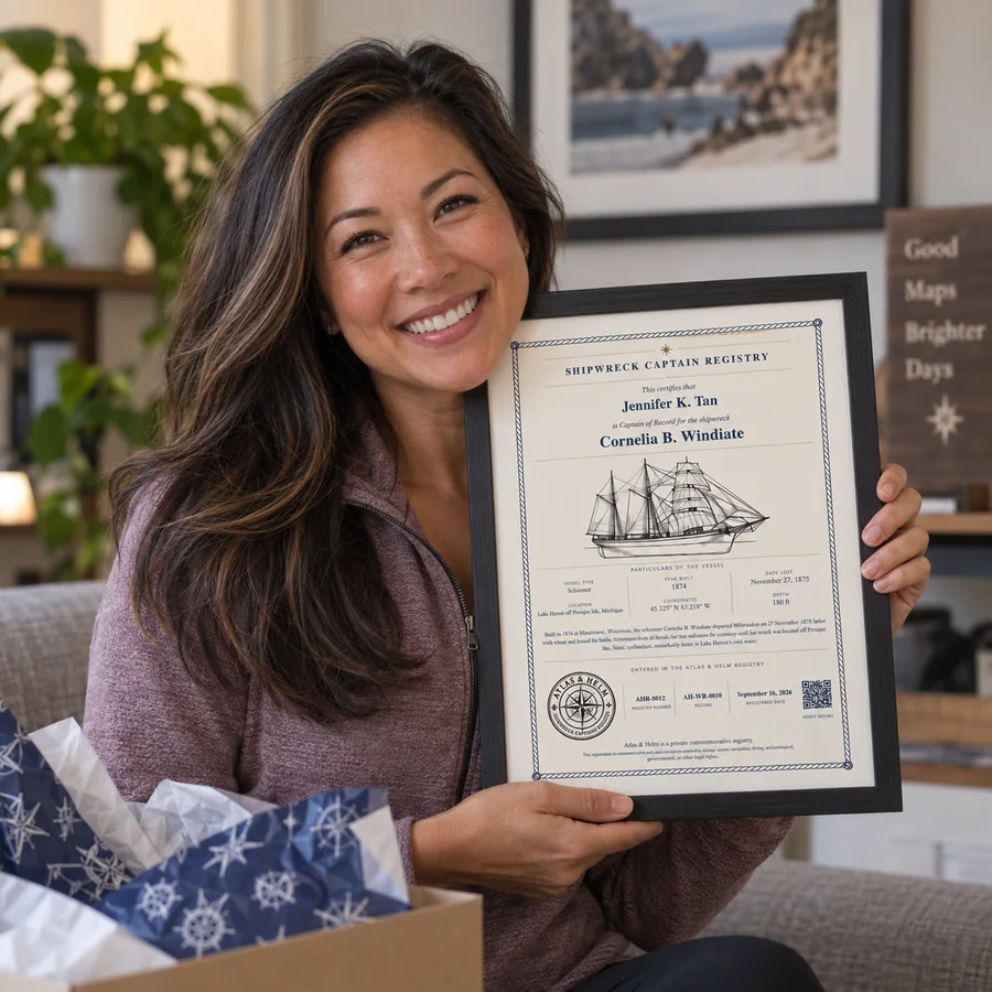 Atlas & Helm Captain displaying a framed shipwreck certificate, portrait 6