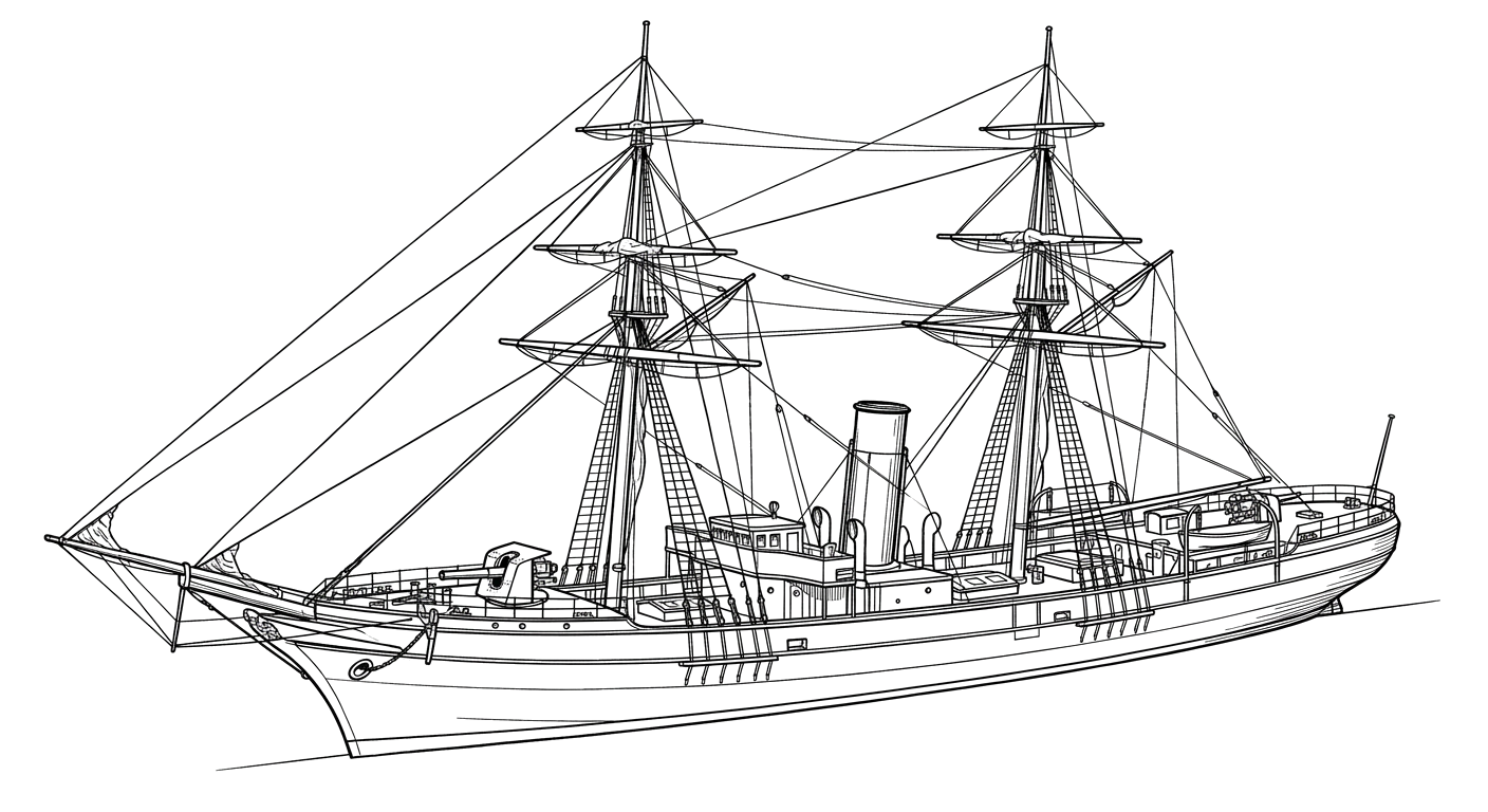 Engraved line drawing of the Ex-USS Schurz