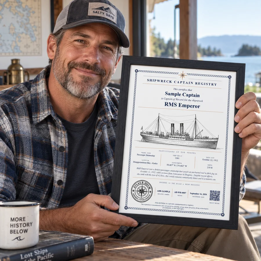 Atlas & Helm Captain displaying a framed shipwreck certificate, portrait 10