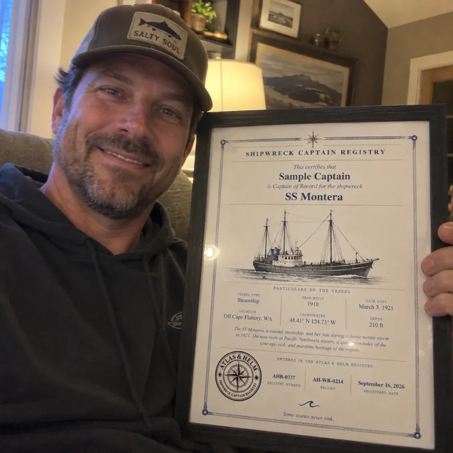 Atlas & Helm Captain displaying a framed shipwreck certificate, portrait 14