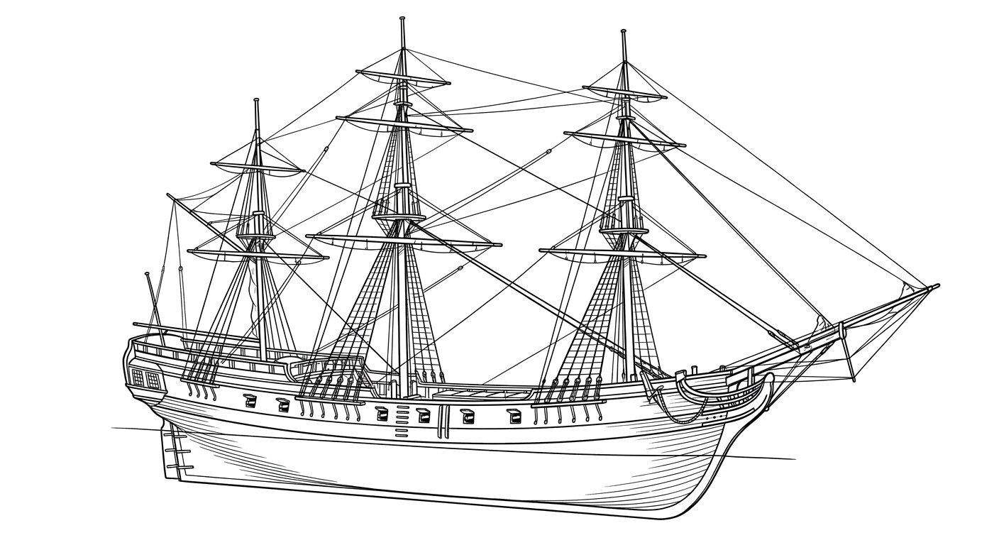 Engraved line drawing of the Whydah Gally