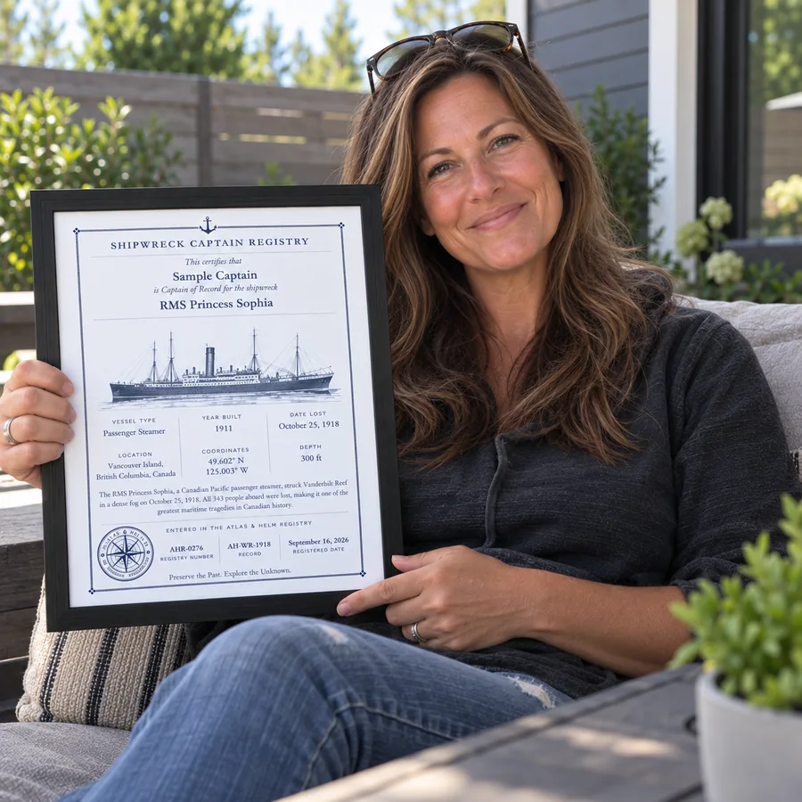 Atlas & Helm Captain displaying a framed shipwreck certificate, portrait 43