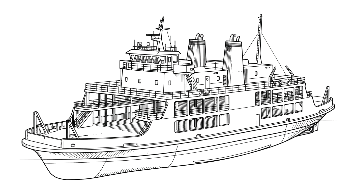 Engraved line drawing of the M/V Twin Capes