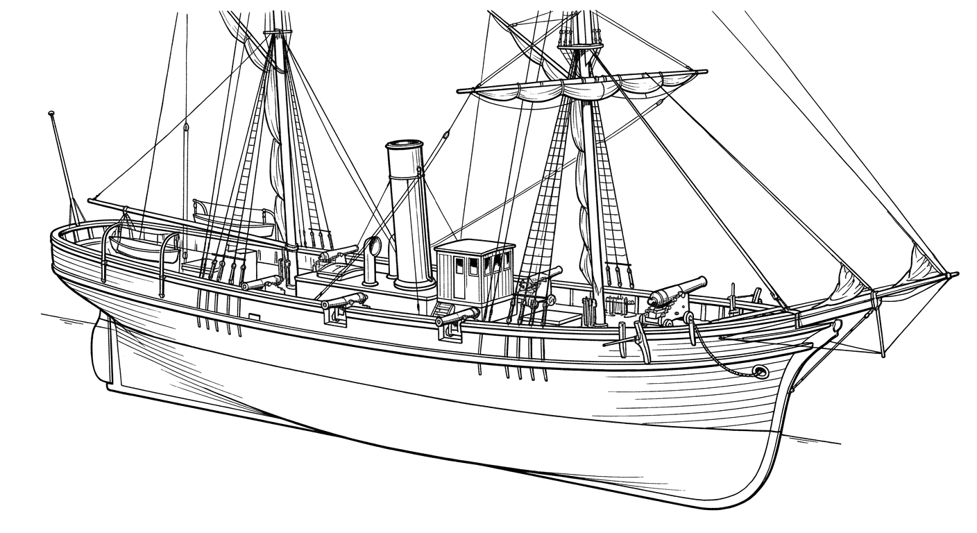 Engraved line drawing of the USS Reliance