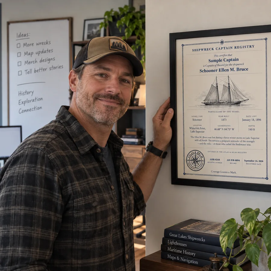 Atlas & Helm Captain displaying a framed shipwreck certificate, portrait 23