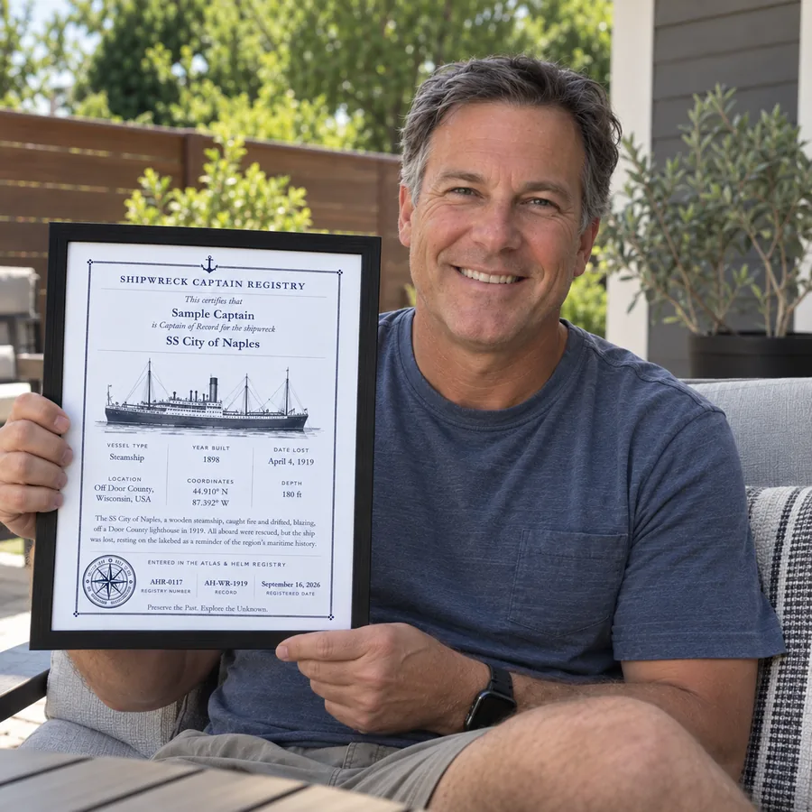 Atlas & Helm Captain displaying a framed shipwreck certificate, portrait 44