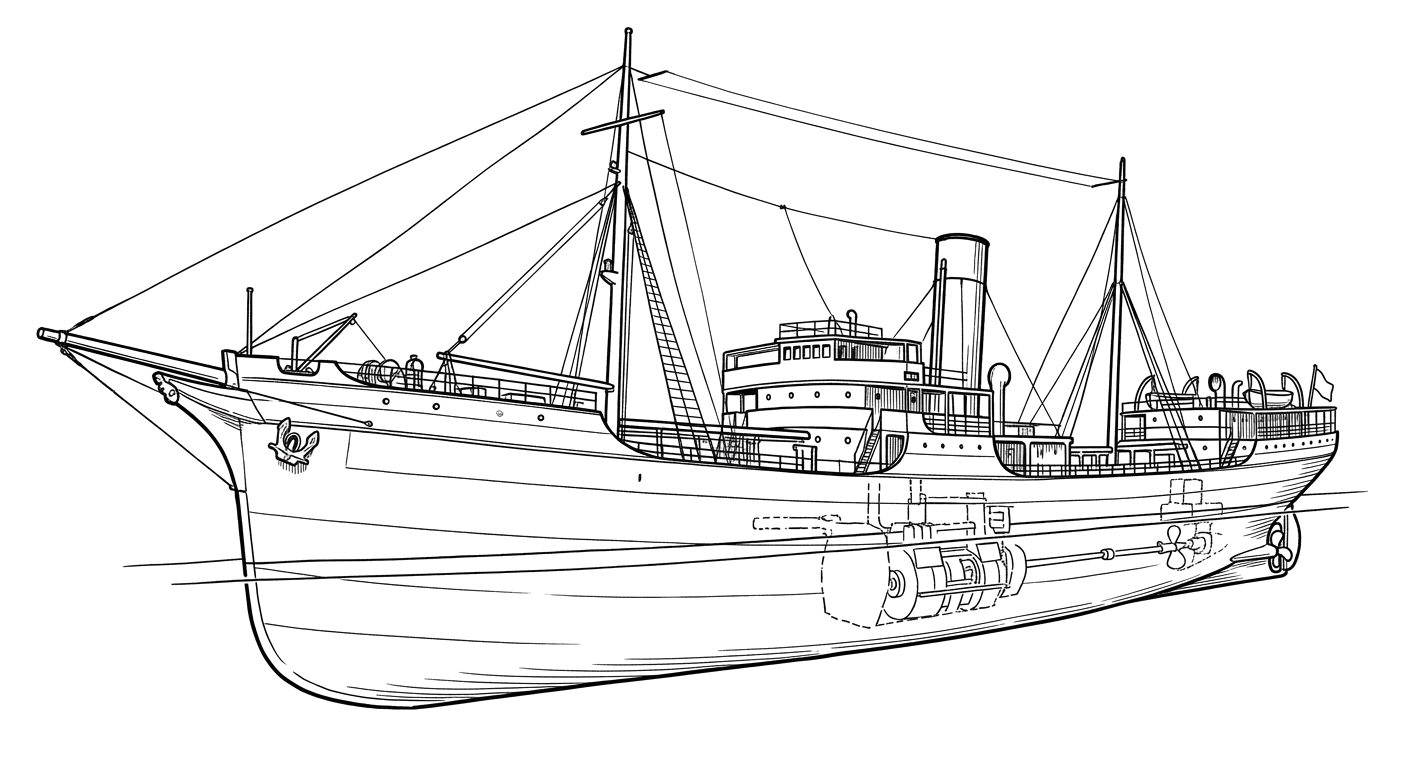 Engraved line drawing of the SS Ario