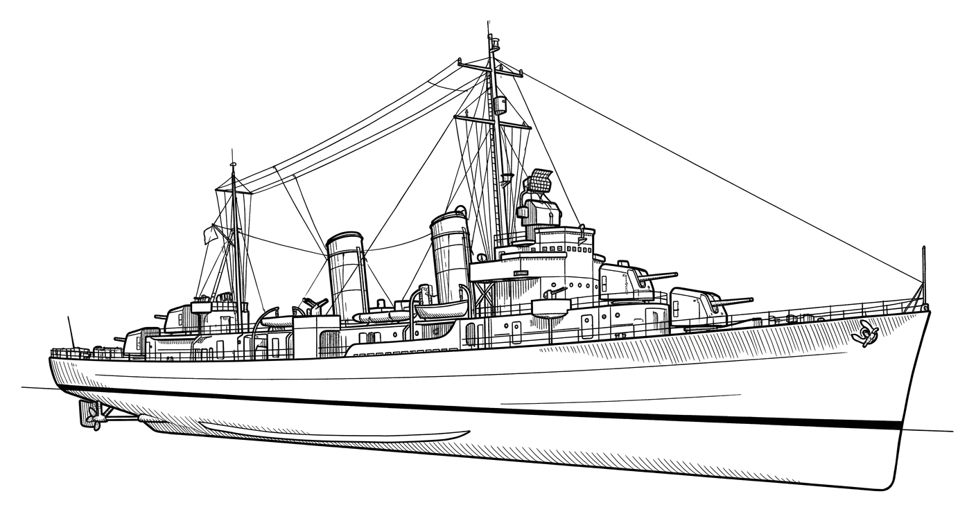 Engraved line drawing of the USS Turner