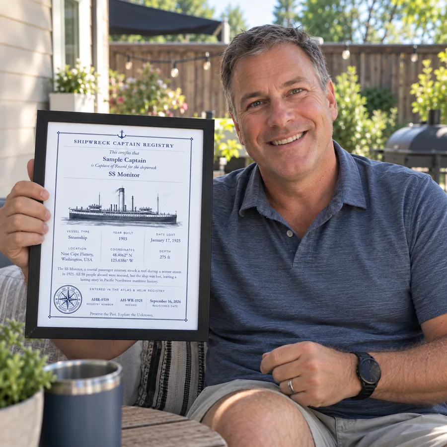 Atlas & Helm Captain displaying a framed shipwreck certificate, portrait 46