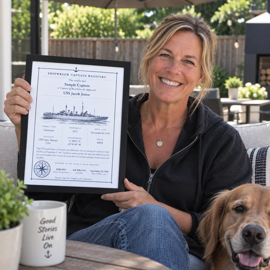 Atlas & Helm Captain displaying a framed shipwreck certificate, portrait 47