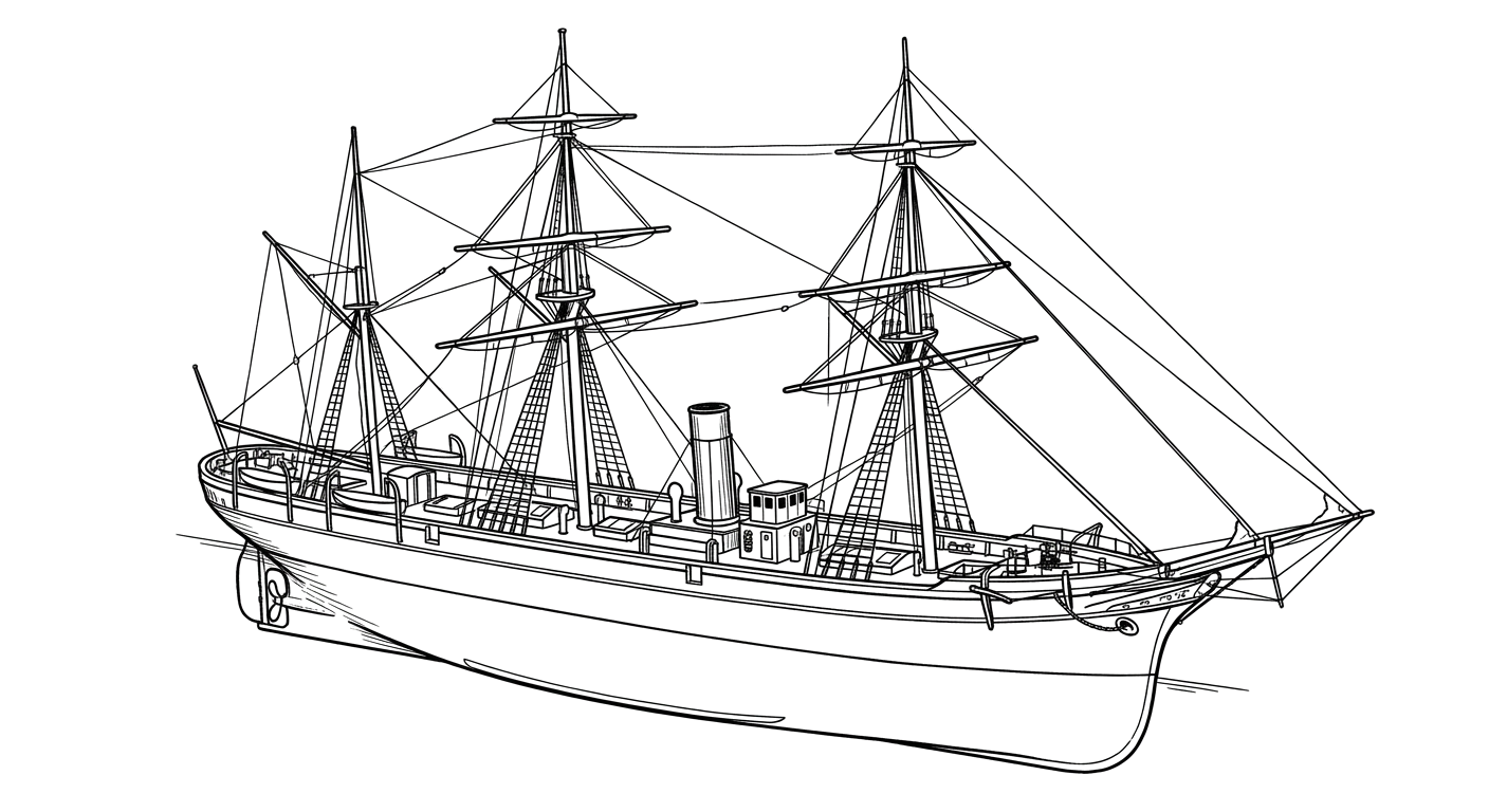 Engraved line drawing of the USS Huron