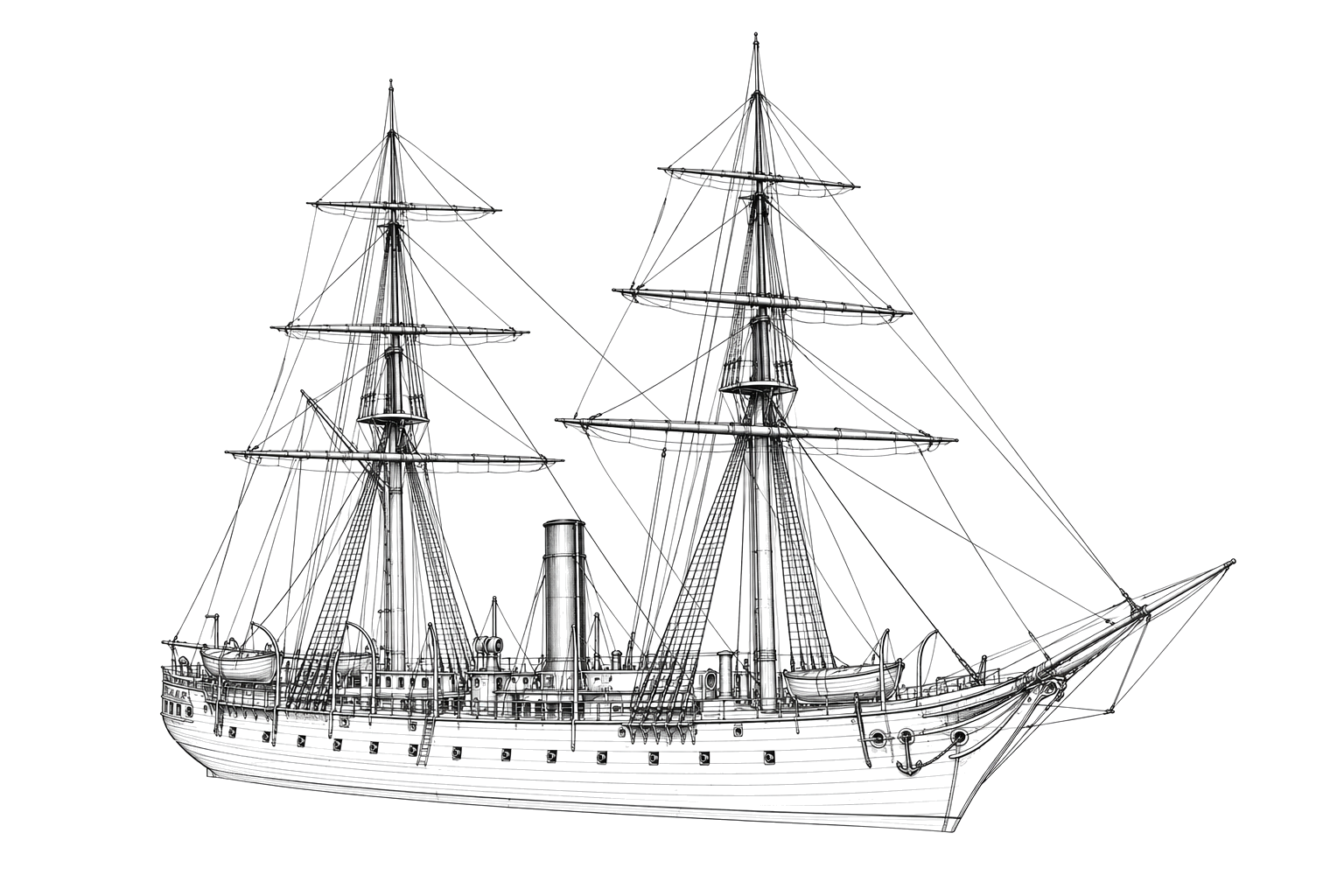 Engraved line drawing of the USS Adirondack