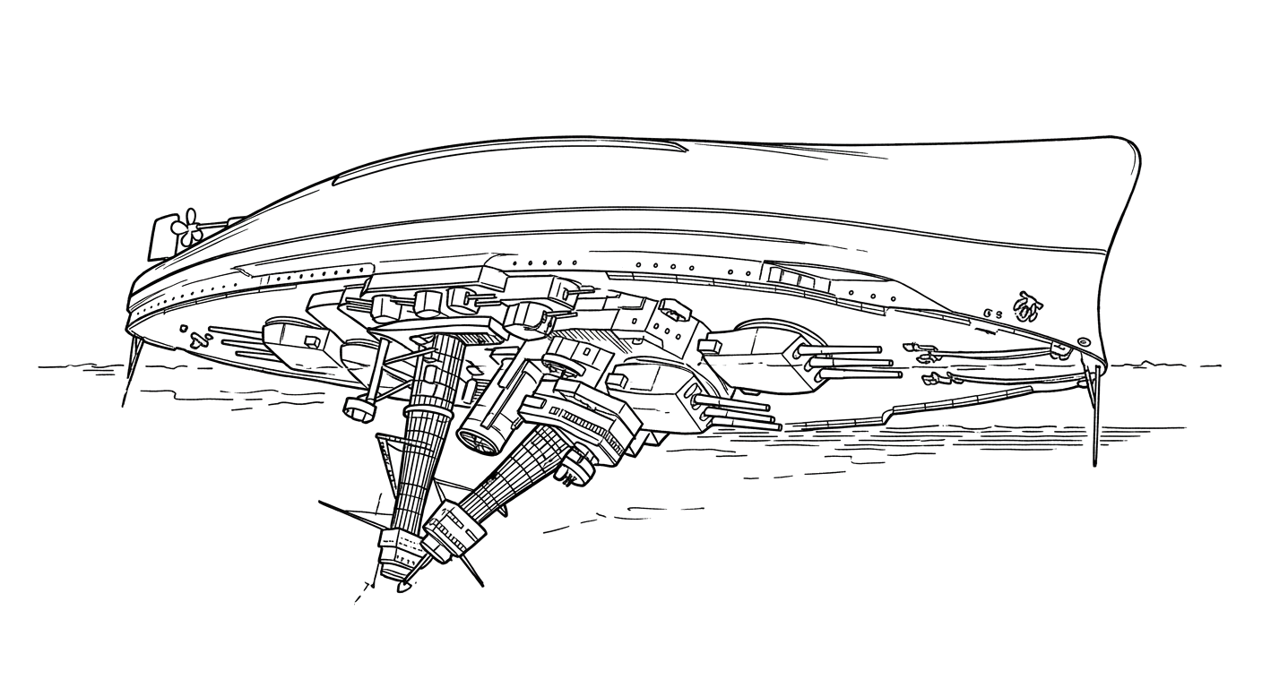 Engraved line drawing of the USS Oklahoma
