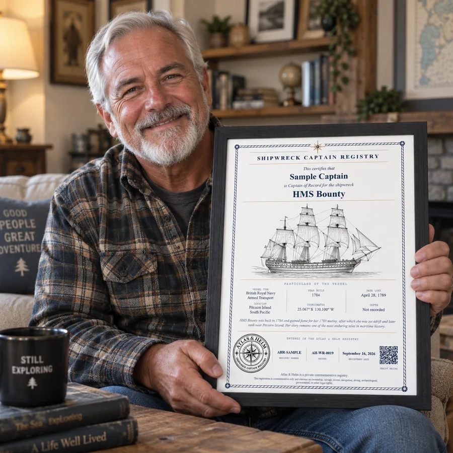 Atlas & Helm Captain displaying a framed shipwreck certificate, portrait 12