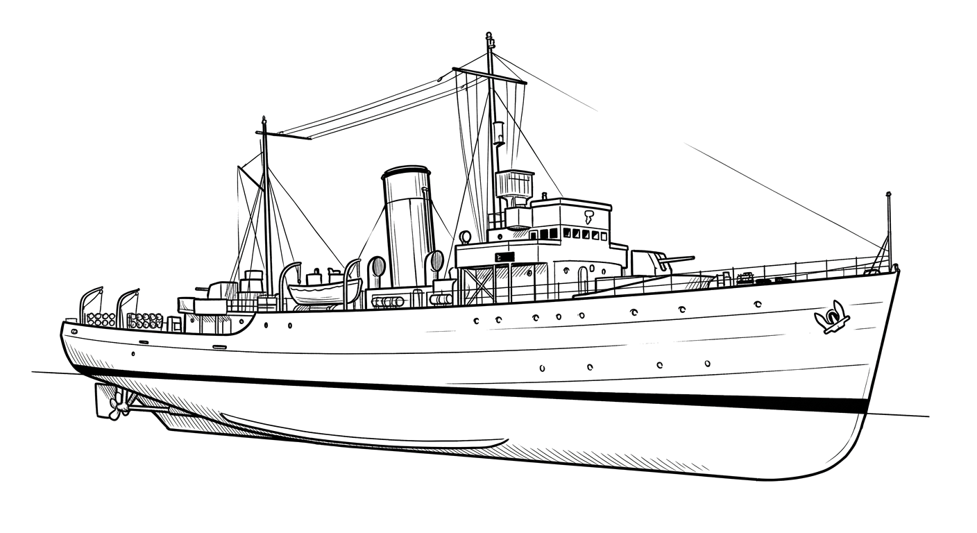 Engraved line drawing of the HMCS Clayoquot