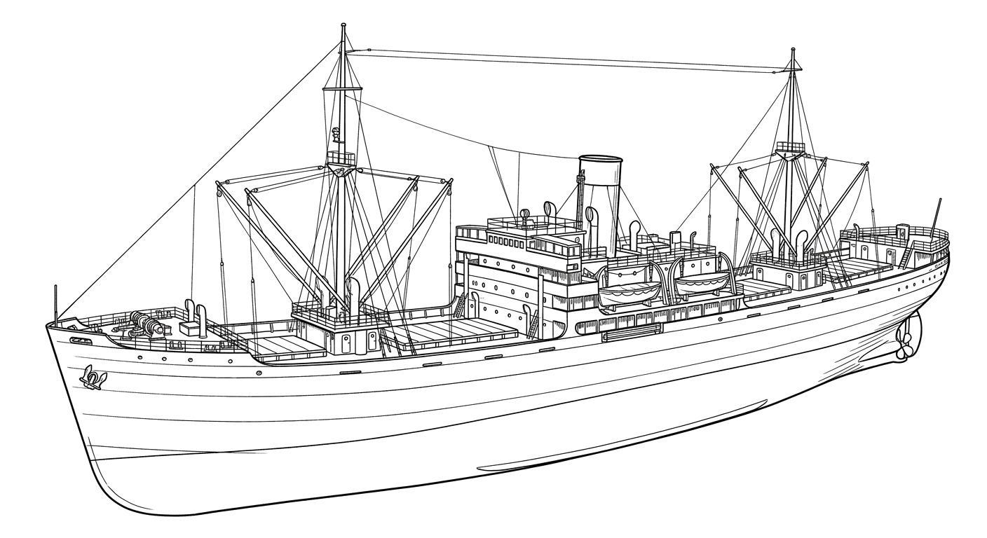 Engraved line drawing of the SS Alcoa Puritan