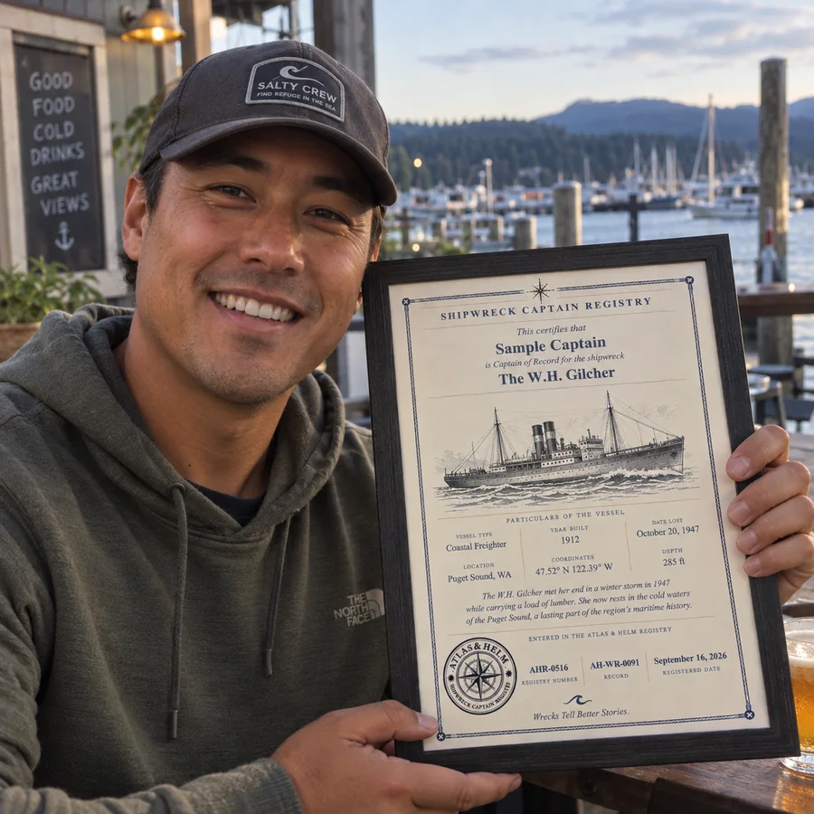 Atlas & Helm Captain displaying a framed shipwreck certificate, portrait 21