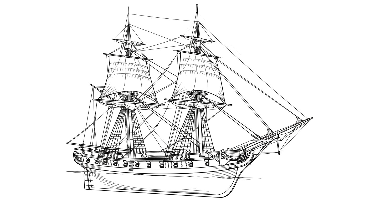 Engraved line drawing of the HMS DeBraak