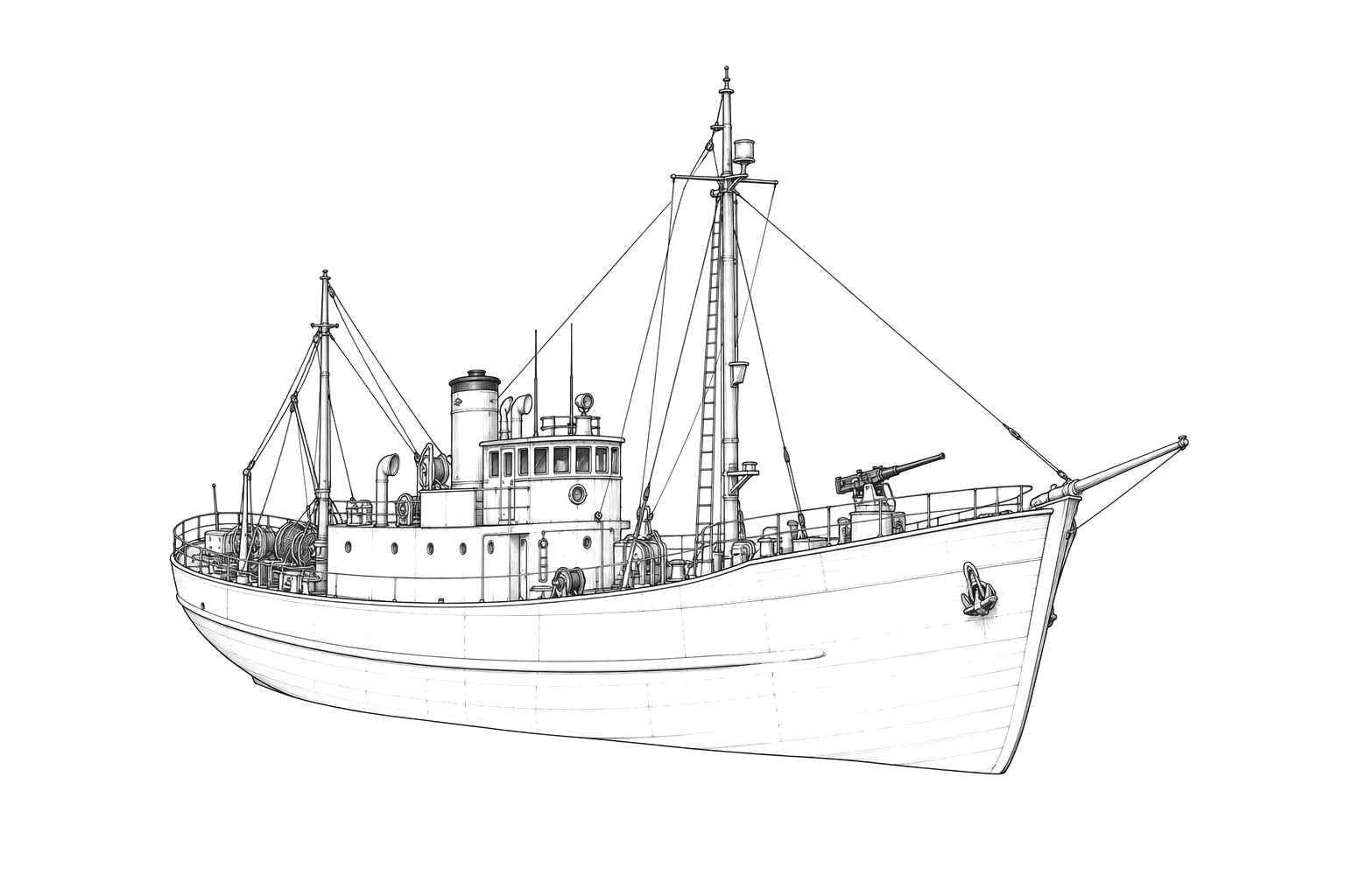 Engraved line drawing of the USS YP-389