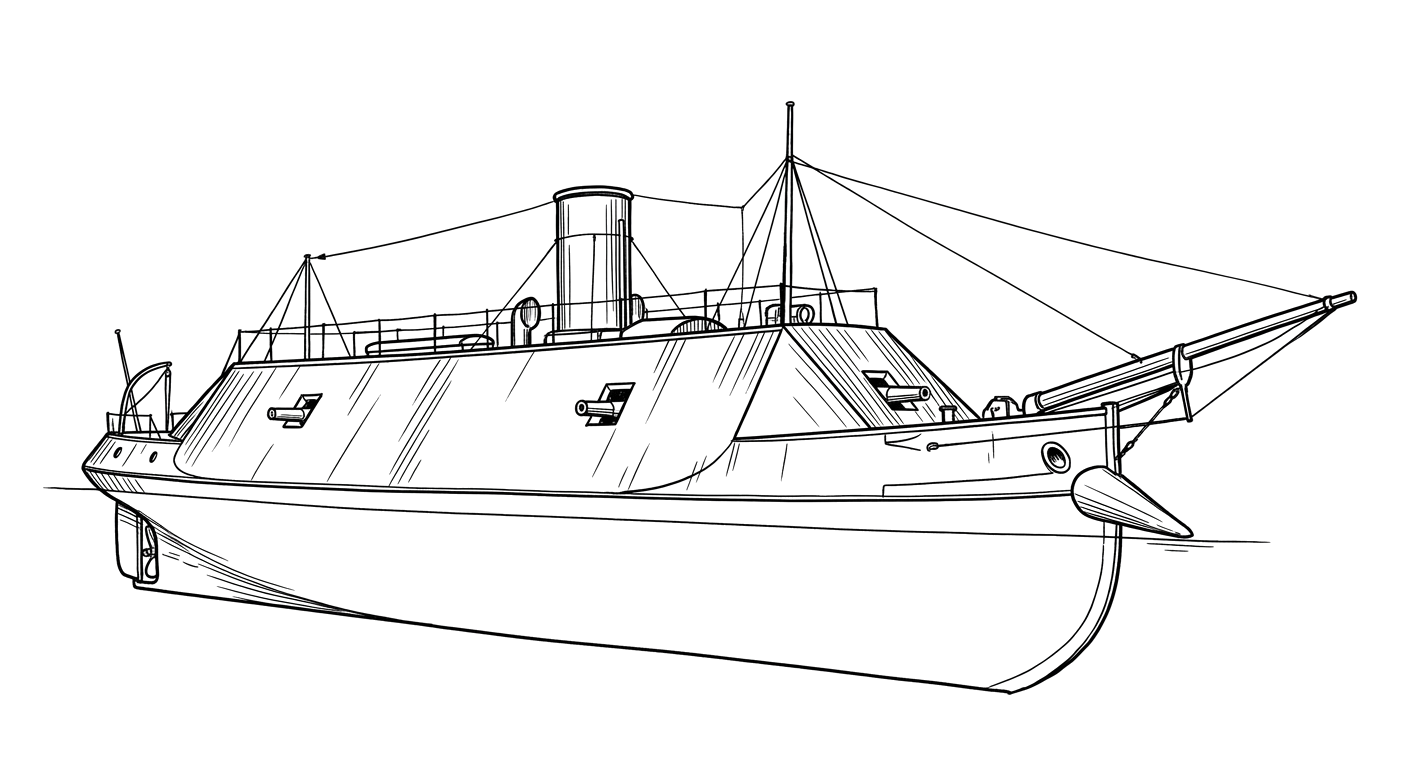 Engraved line drawing of the CSS Raleigh