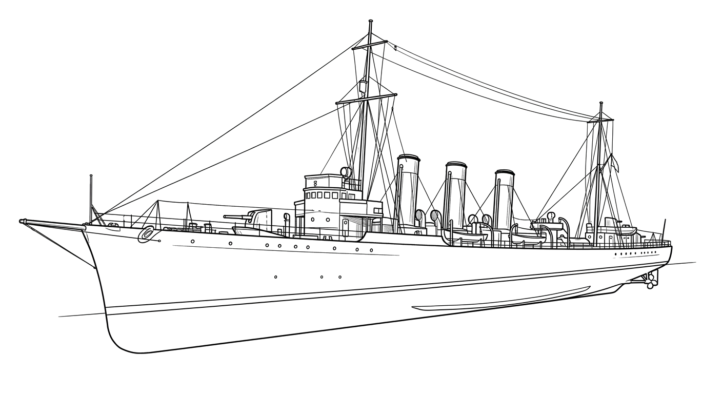 Engraved line drawing of the USS Jacob Jones