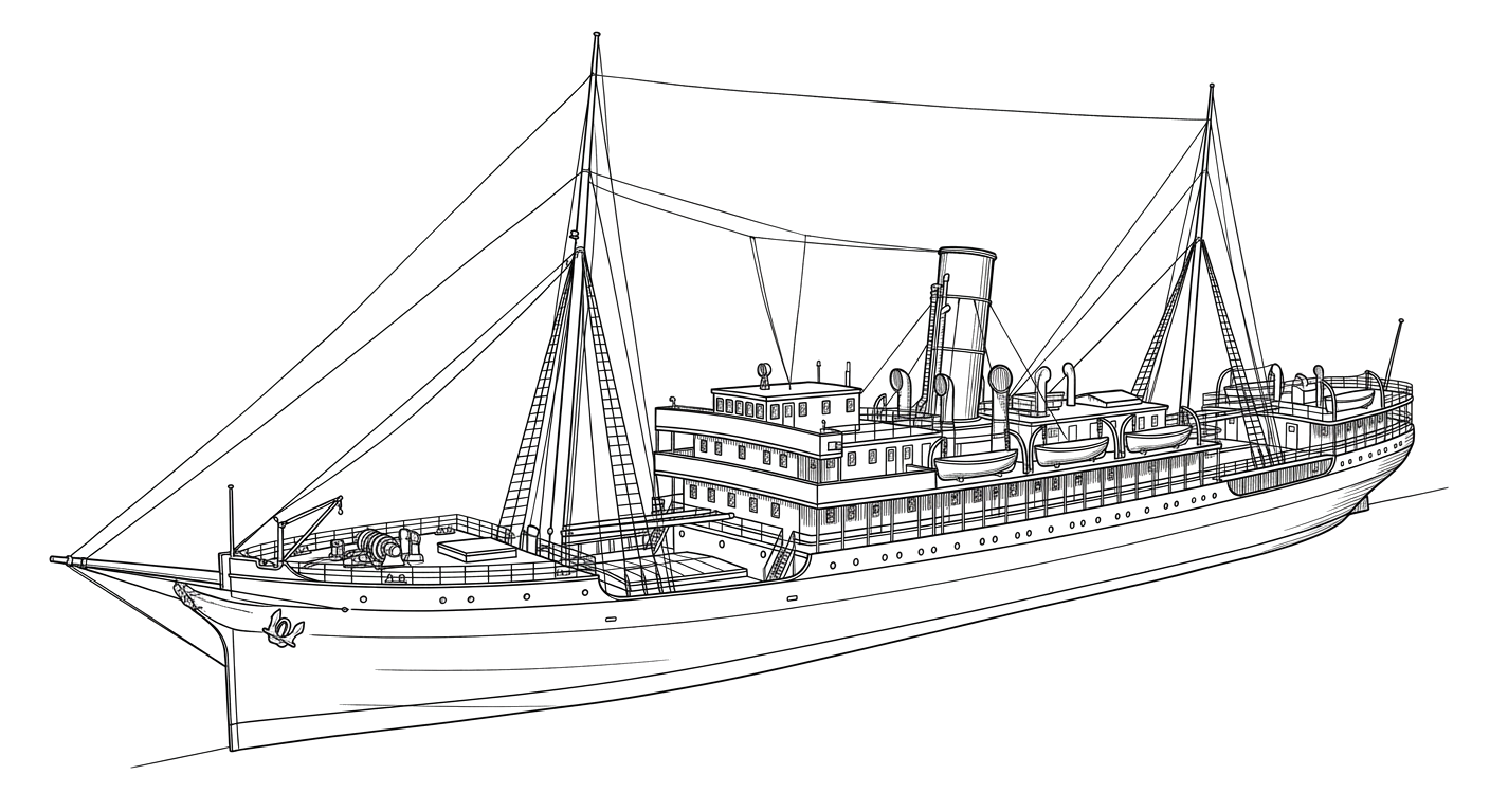 Engraved line drawing of the SS Horatio Hall