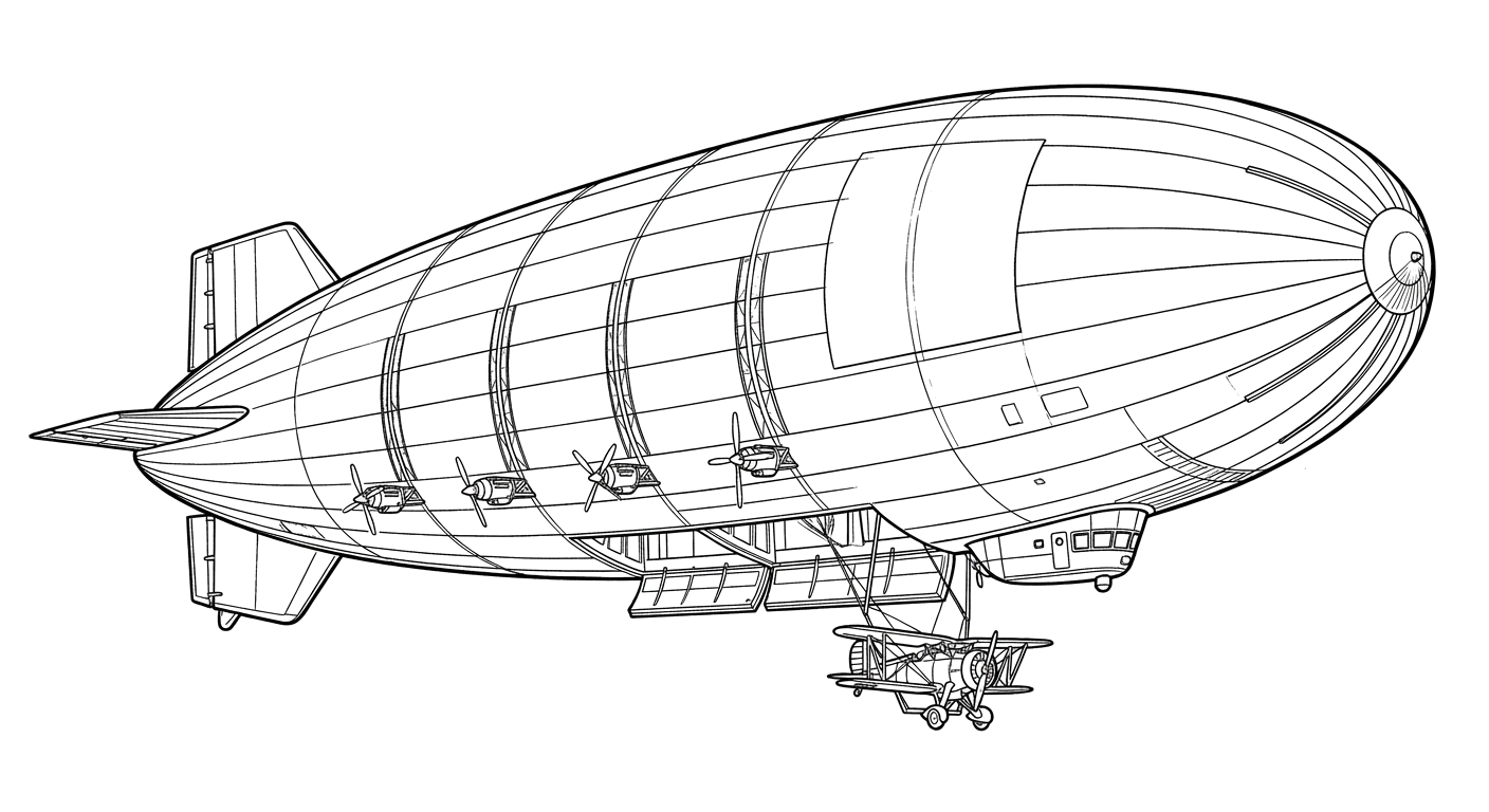 Engraved line drawing of the USS Macon