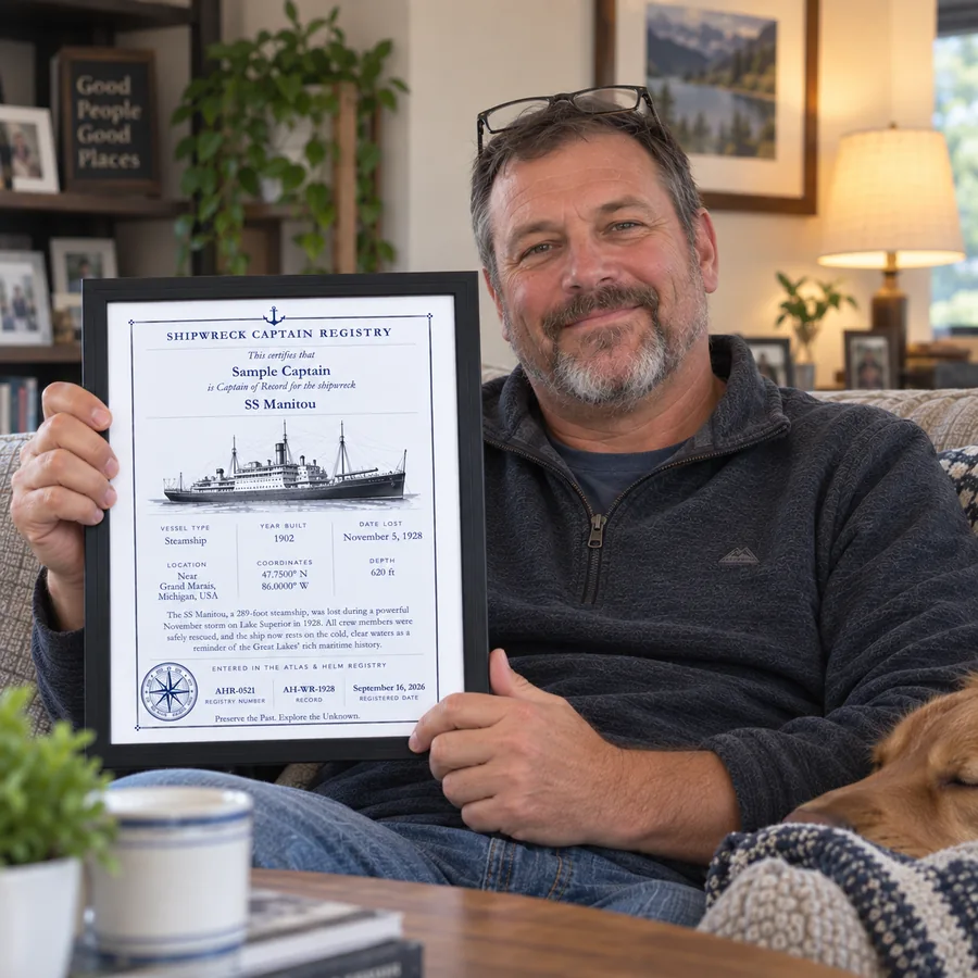 Atlas & Helm Captain displaying a framed shipwreck certificate, portrait 56