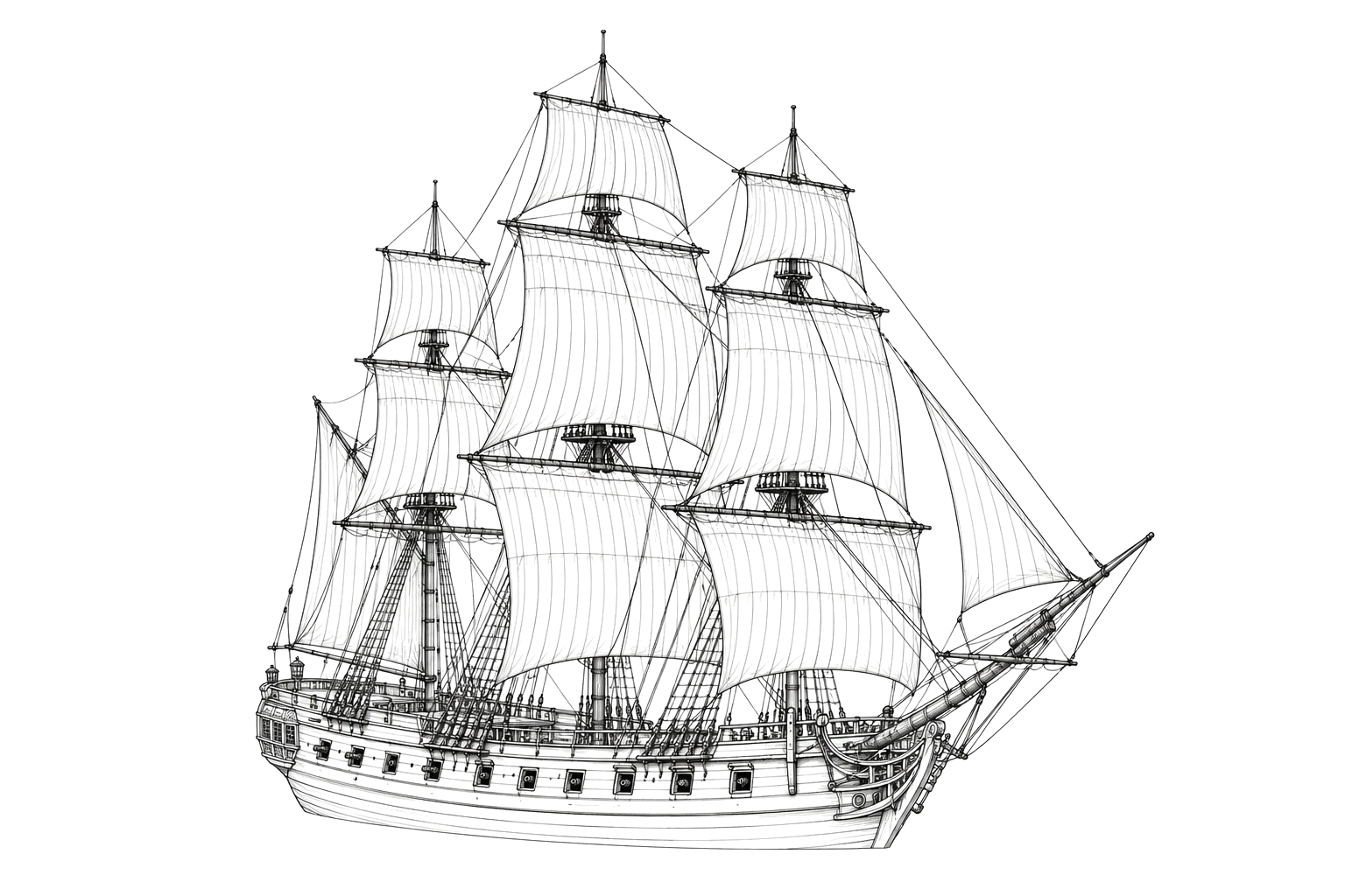 Engraved line drawing of the HMS Scarborough