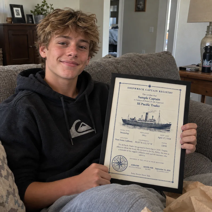 Atlas & Helm Captain displaying a framed shipwreck certificate, portrait 27