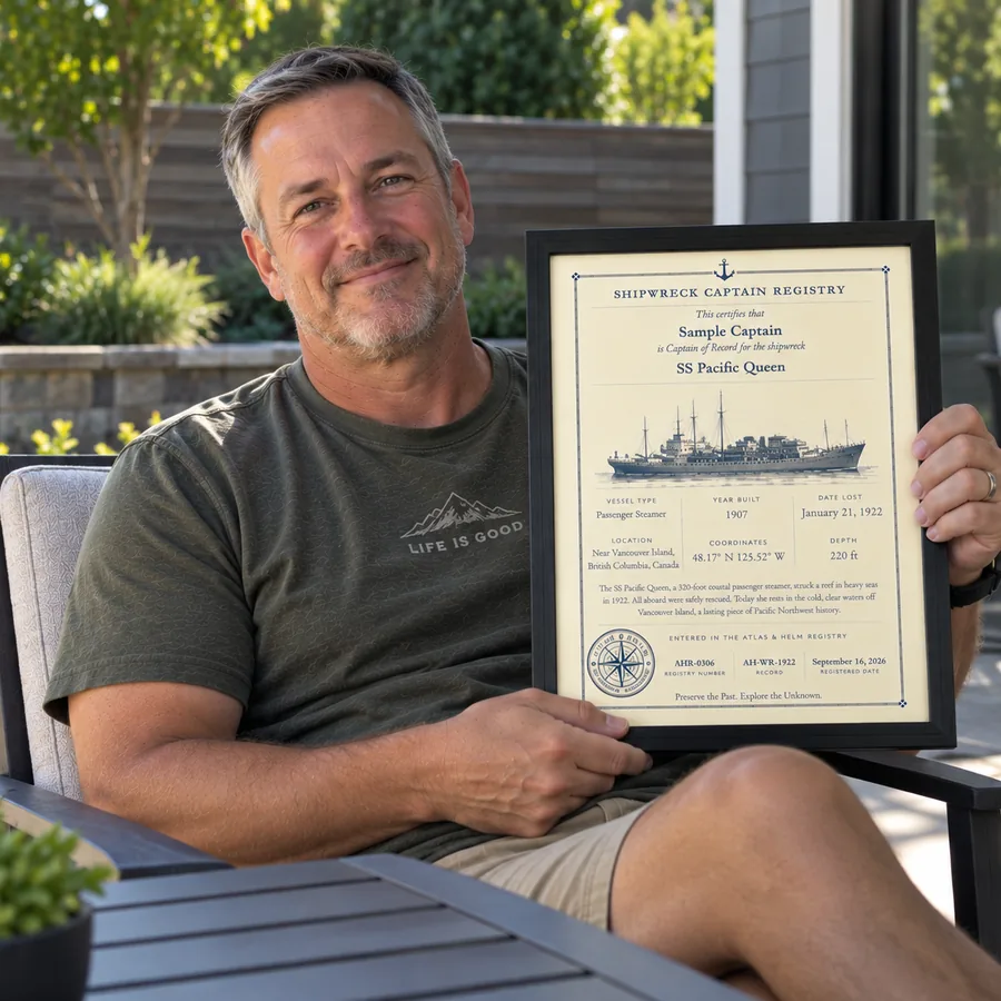 Atlas & Helm Captain displaying a framed shipwreck certificate, portrait 41
