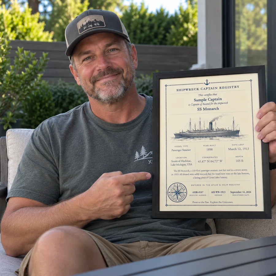 Atlas & Helm Captain displaying a framed shipwreck certificate, portrait 39