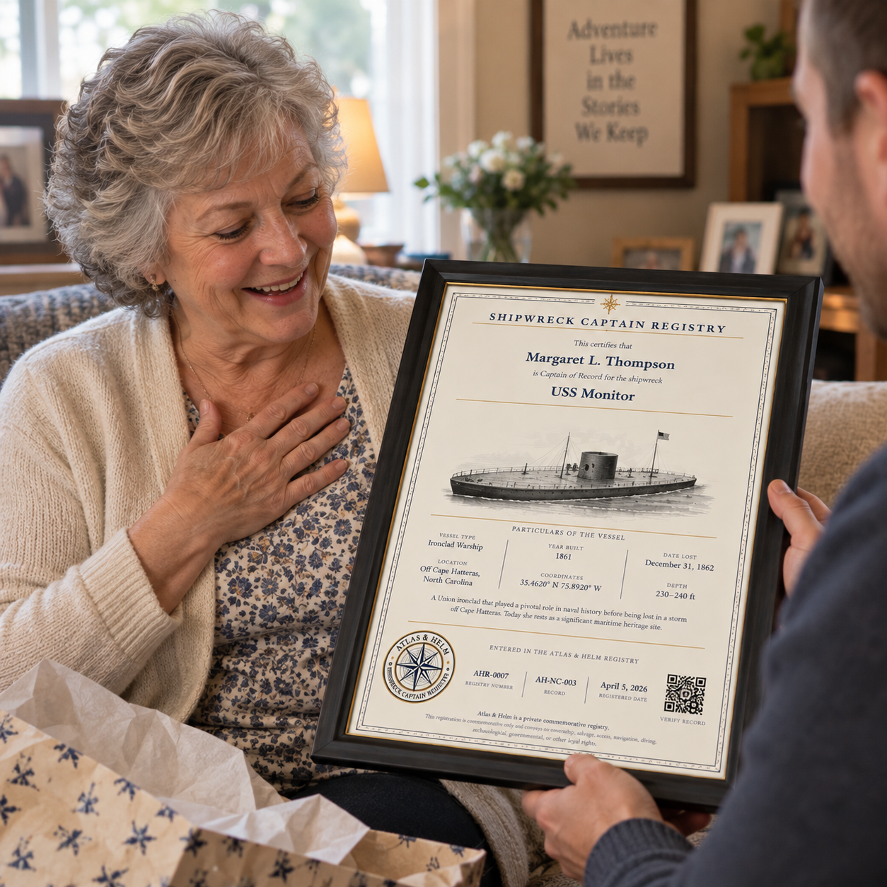 An older woman receiving a framed Shipwreck Captain certificate