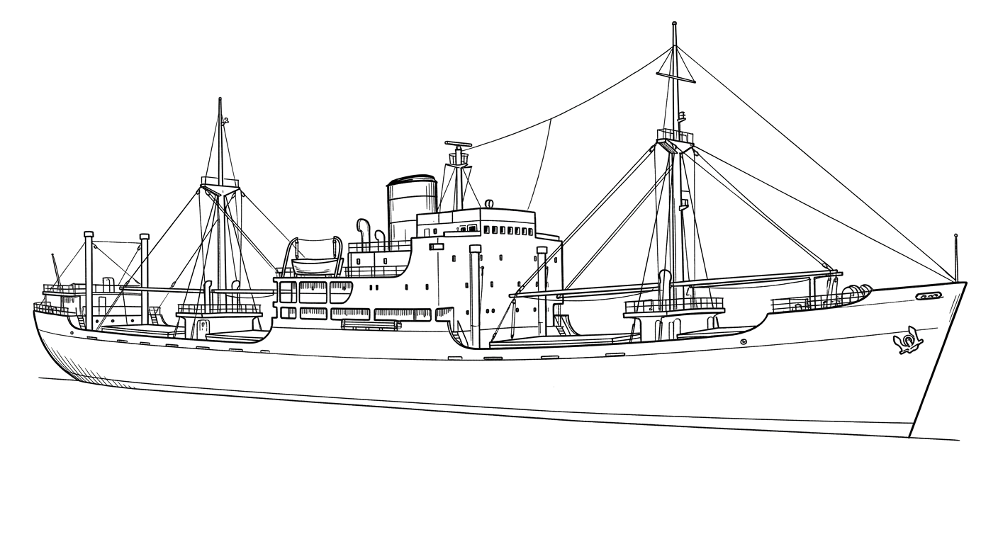 Engraved line drawing of the MV Chikuzen