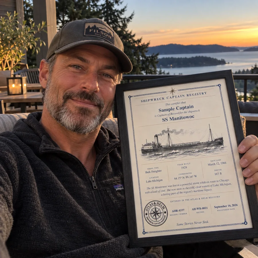 Atlas & Helm Captain displaying a framed shipwreck certificate, portrait 19