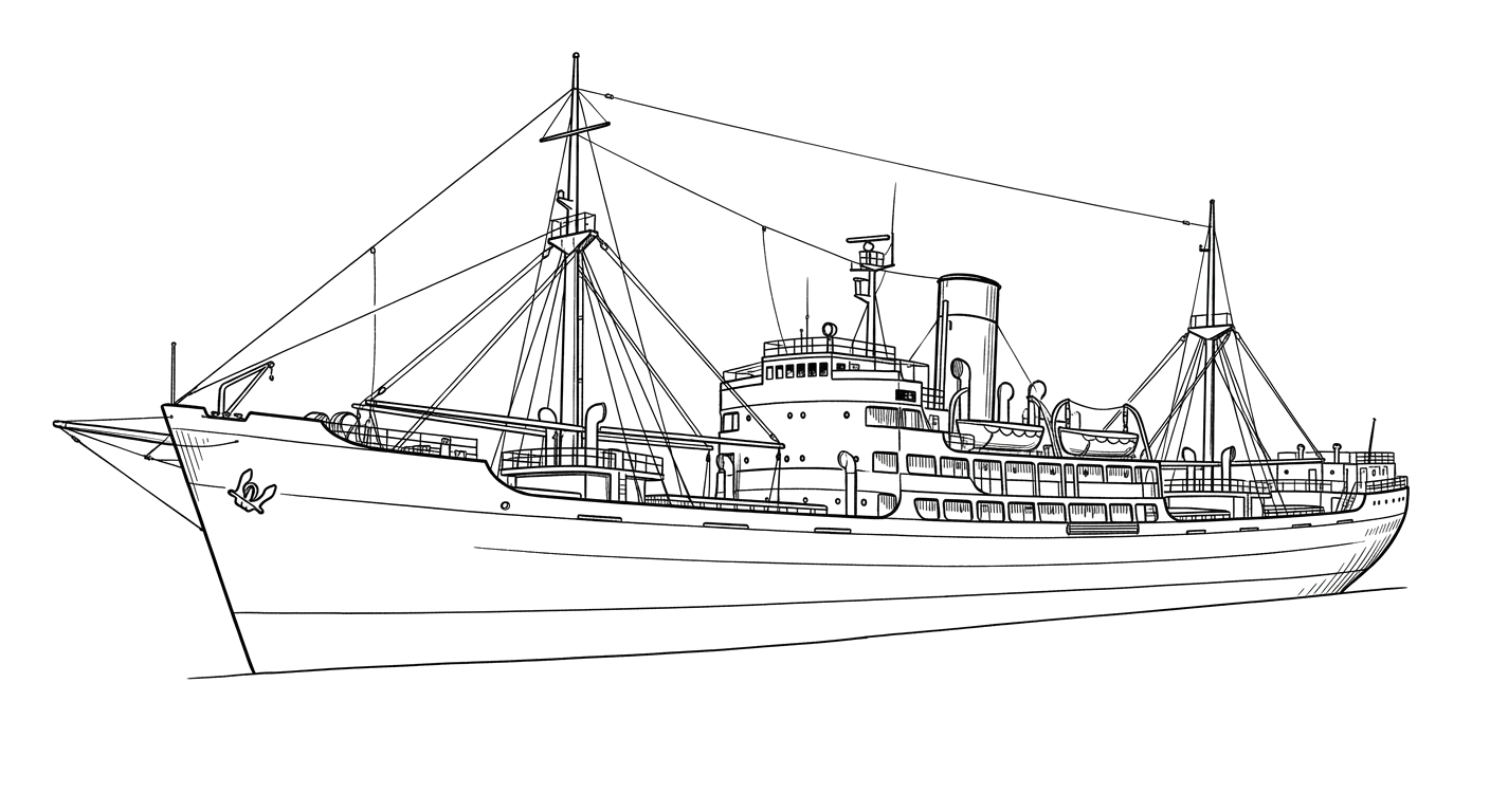 Engraved line drawing of the MV Vanlene