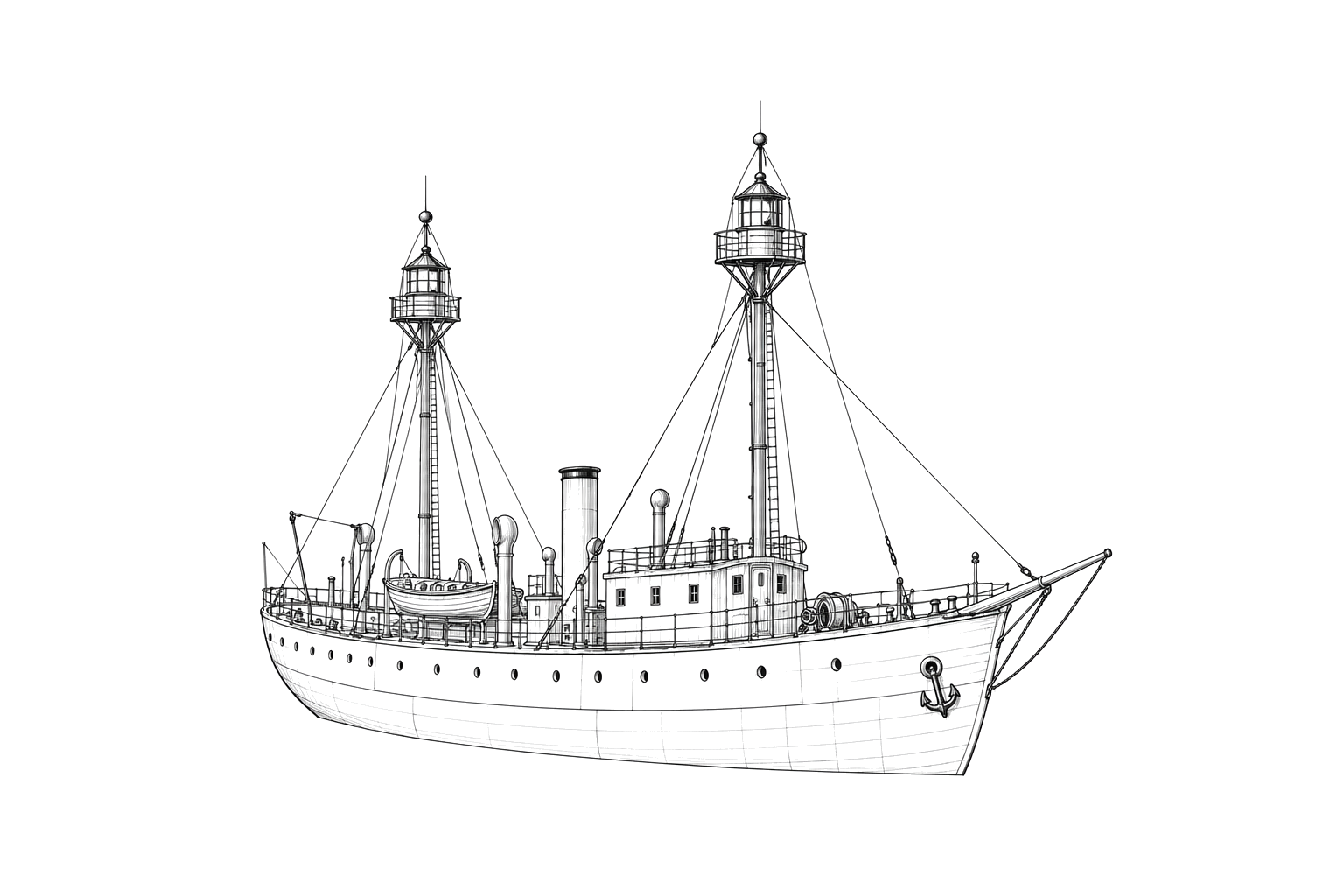 Engraved line drawing of the Diamond Shoals Lightship No. 71