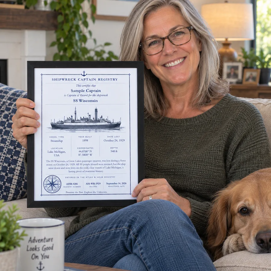 Atlas & Helm Captain displaying a framed shipwreck certificate, portrait 51