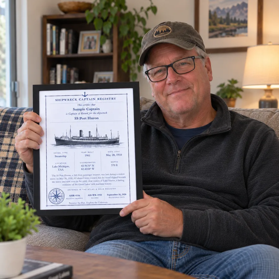 Atlas & Helm Captain displaying a framed shipwreck certificate, portrait 54