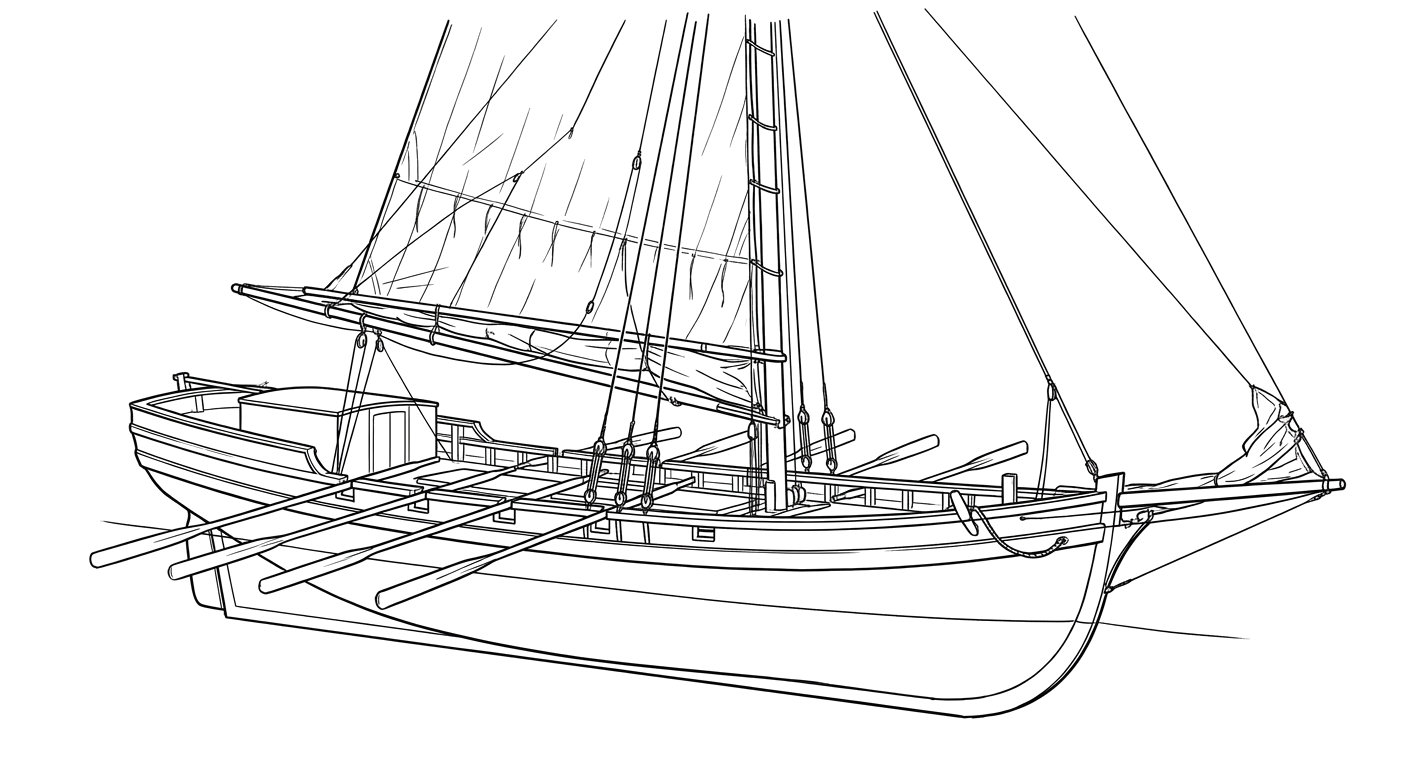 Engraved line drawing of the HM galley Alarm
