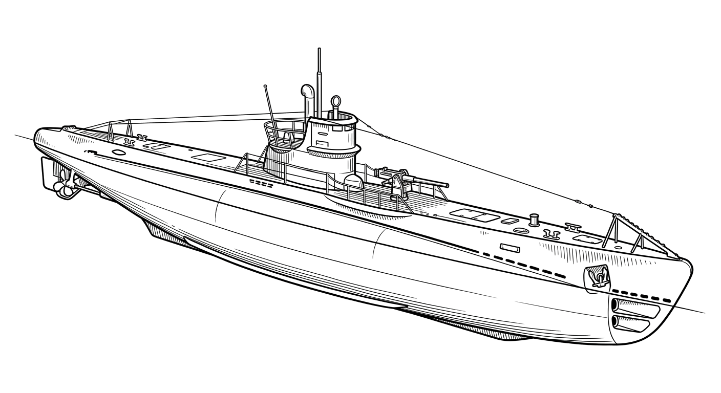 Engraved line drawing of the USS O-9