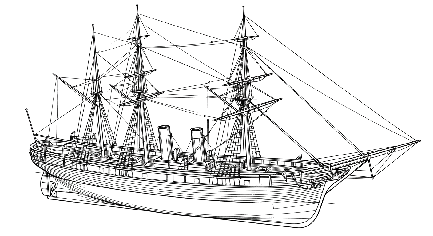 Engraved line drawing of the HMS Vixen