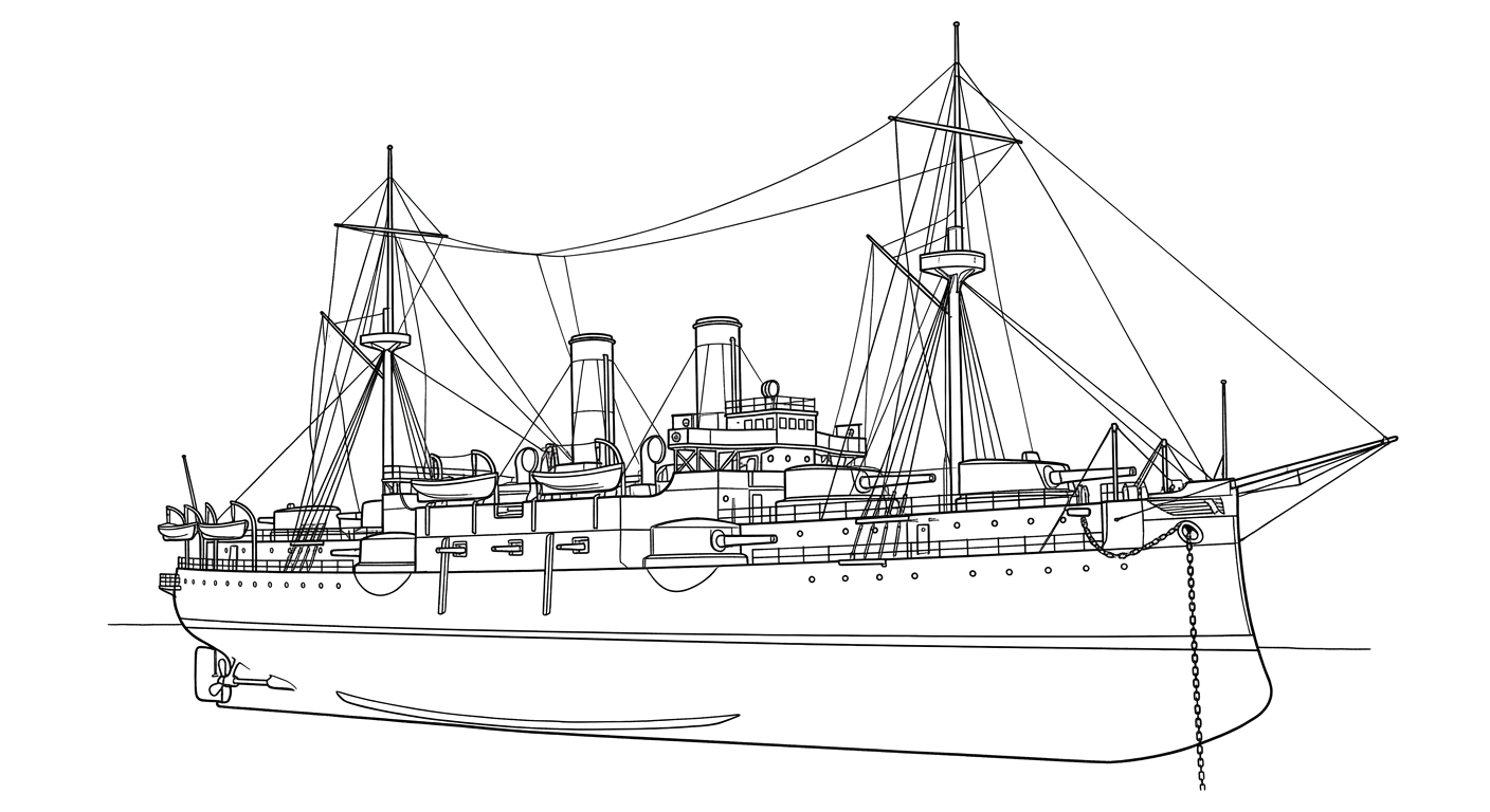Engraved line drawing of the USS Maine