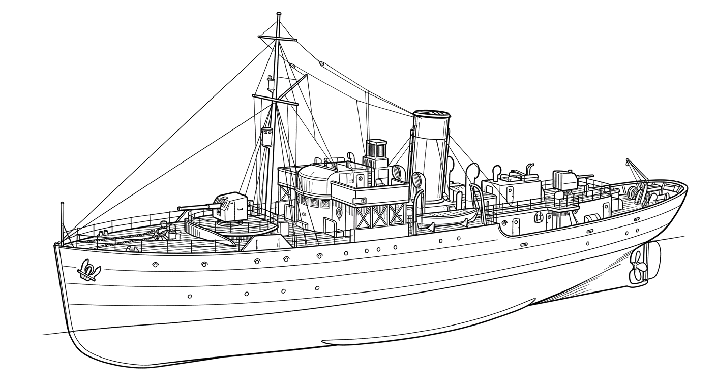 Engraved line drawing of the HMCS Shawinigan