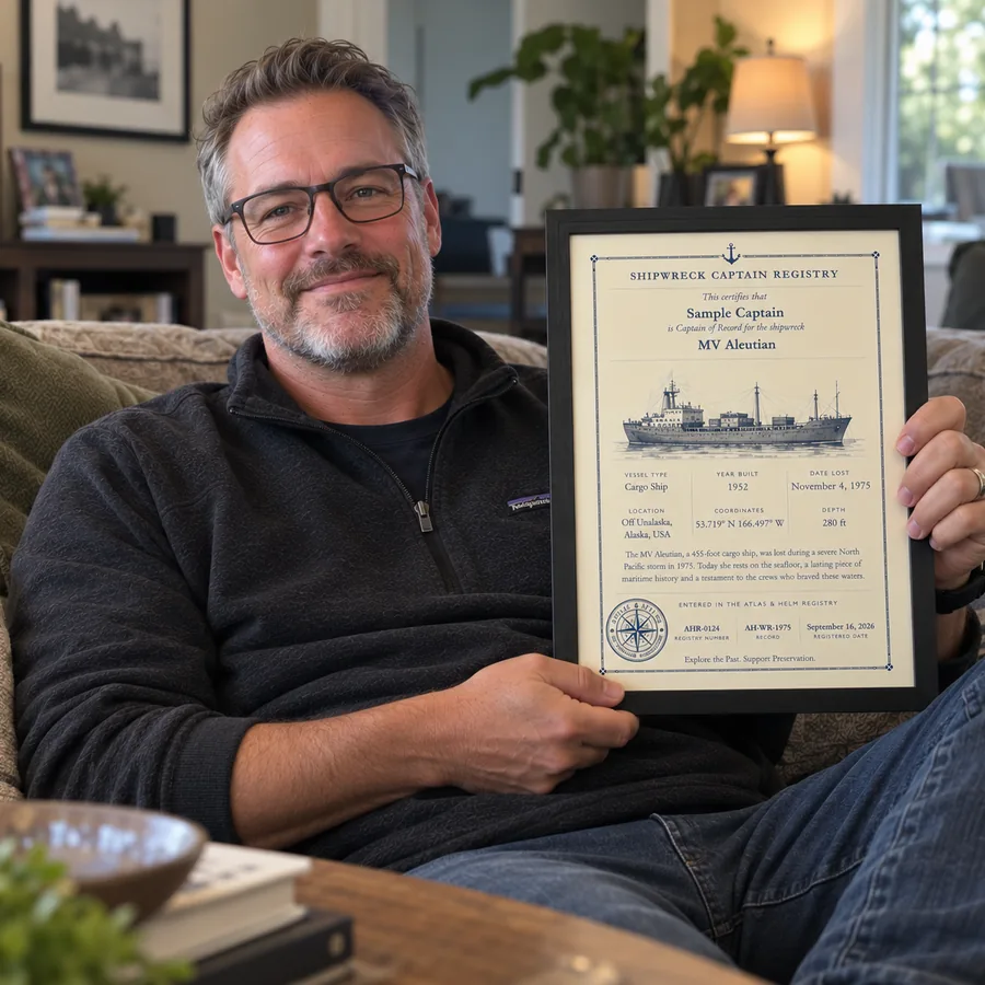 Atlas & Helm Captain displaying a framed shipwreck certificate, portrait 38