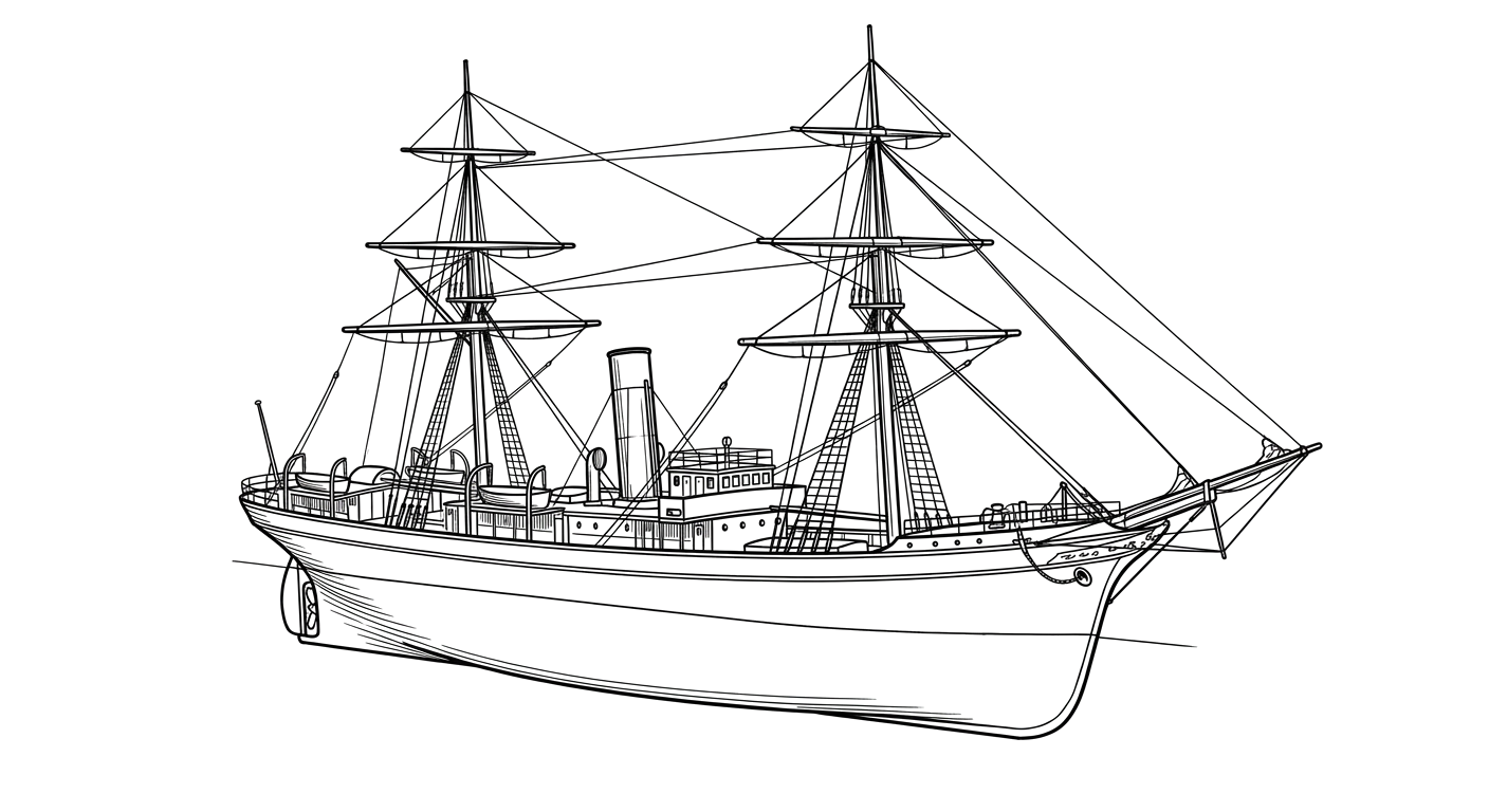 Engraved line drawing of the SS Antonio López