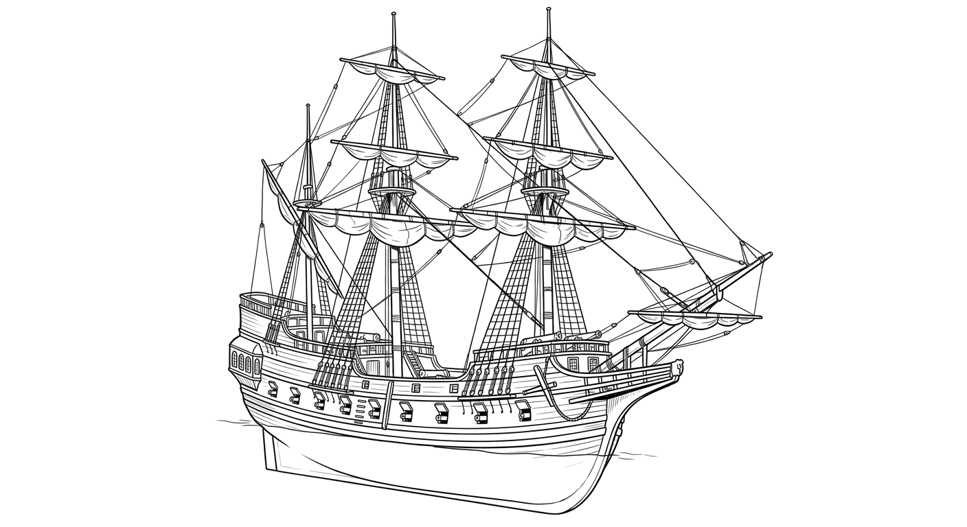 Engraved line drawing of the Sea Venture