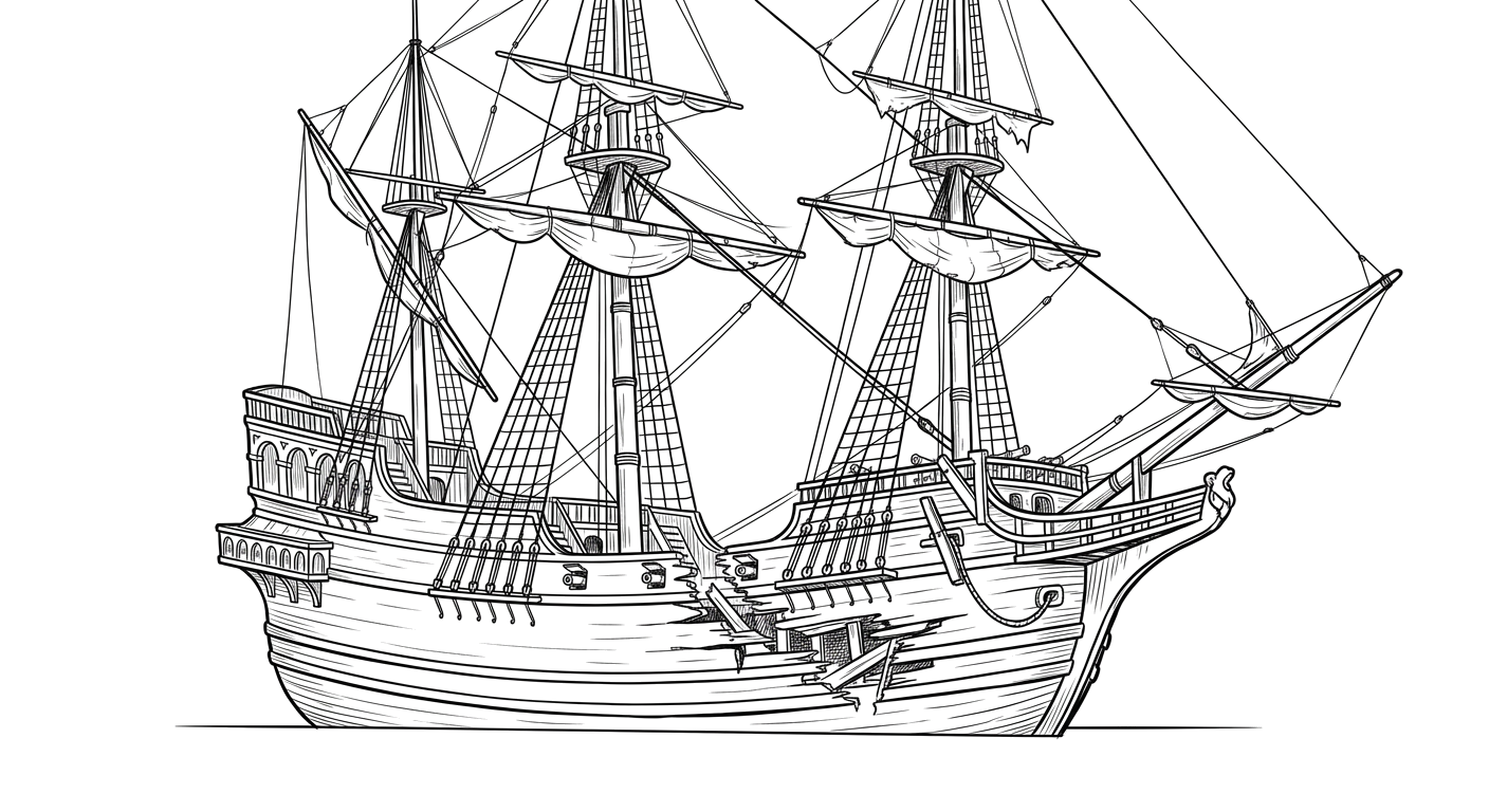 Engraved line drawing of the Beeswax Wreck