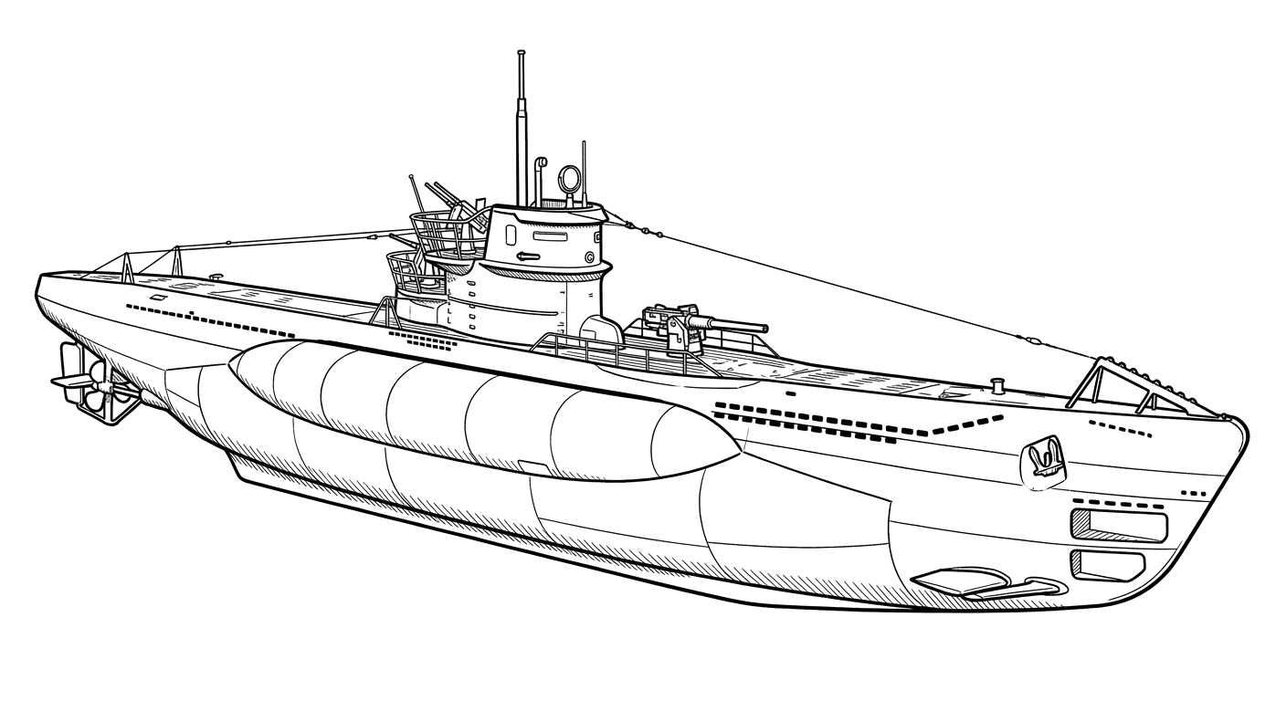 Engraved line drawing of the U-853